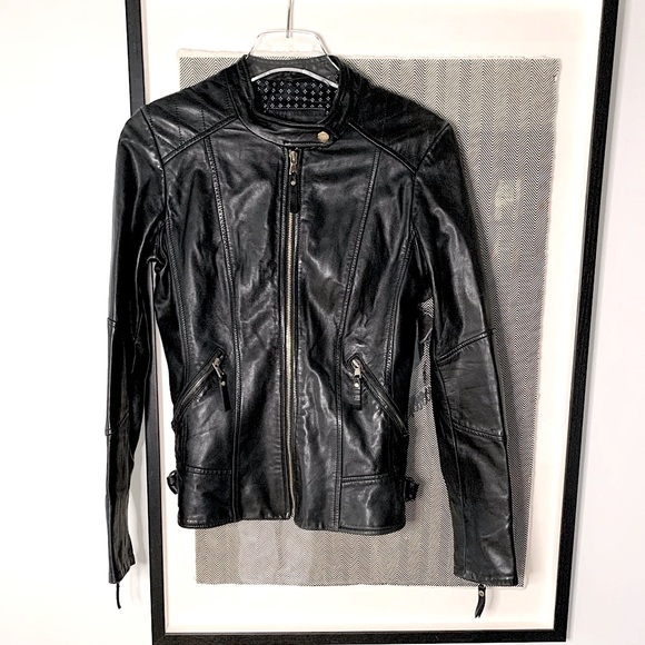 Danier leather slim moto jacket with gold zippers, light weight no bulk size S - Picture 1 of 12